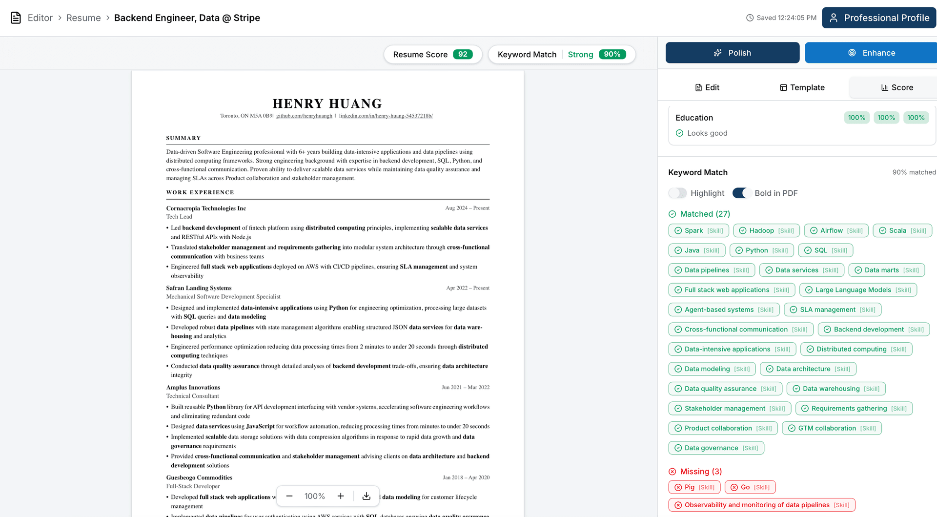 Editor page for crafting resume and cover letter