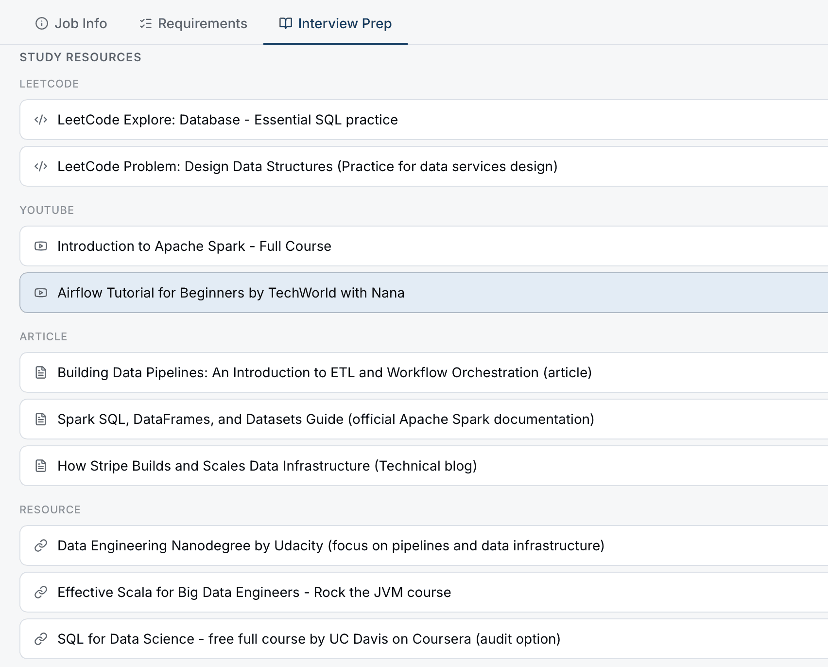 Interview prep with study material, guides and practice