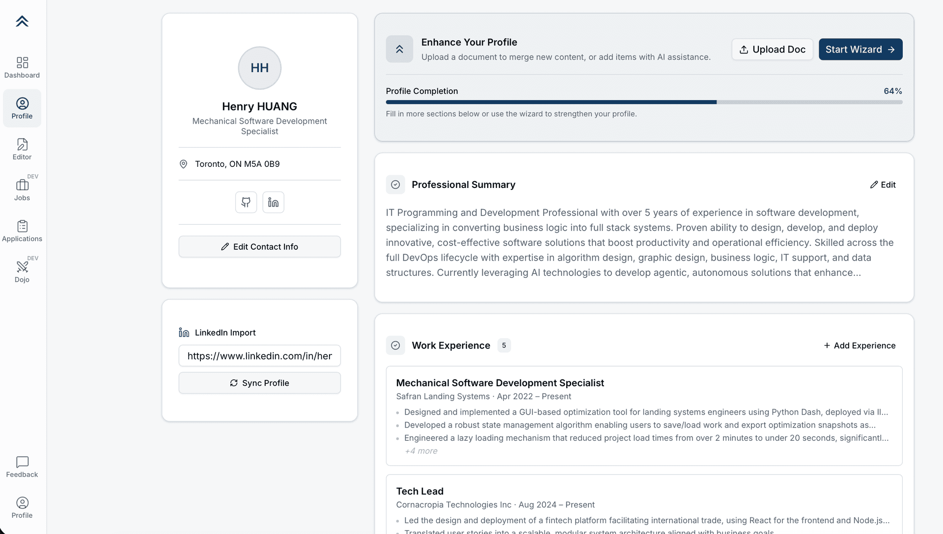 Profile page showing consolidated resumes and cover letters